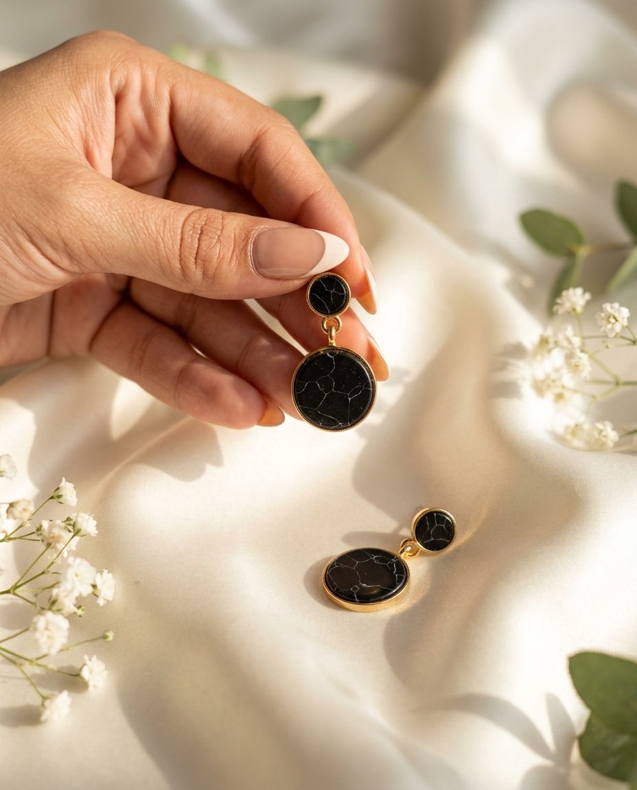 Black Marble Drop Earrings